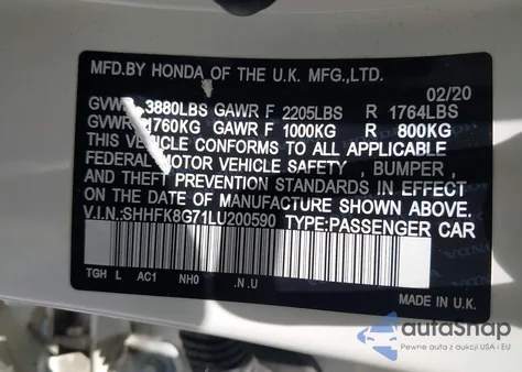 2020 Honda Civic Type R Touring from USA, damaged, VIN SHHFK8G71LU200590